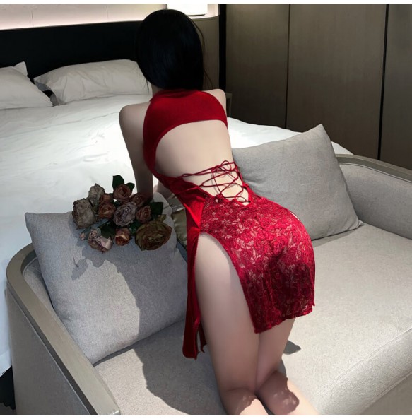 FEE ET MOI - Vintage Velvet Lace Slit Cheongsam (Burgundy)